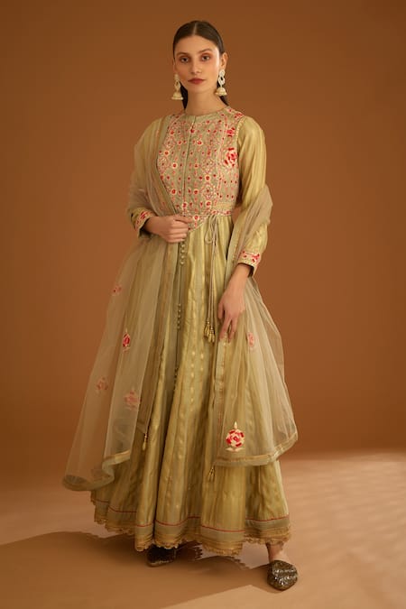 Shyam Narayan Prasad Beige Modal Satin And Chanderi Jacquard Floral Work & Striped Anarkali Set 
