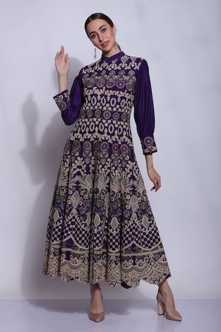 Sonali Gupta Purple 25% Silk Embroidered Mughal Jaal Collared Neck Anarkali  