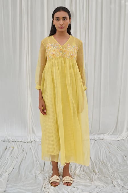 Ayaka Yellow 100% Silk Organza With Cotton Lining Flower Embroidered Dress 