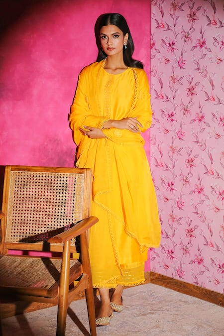 Dohr India Yellow Silk, Chanderi, Organza Sequins, Lace, Seher Kurta Palazzo Set 