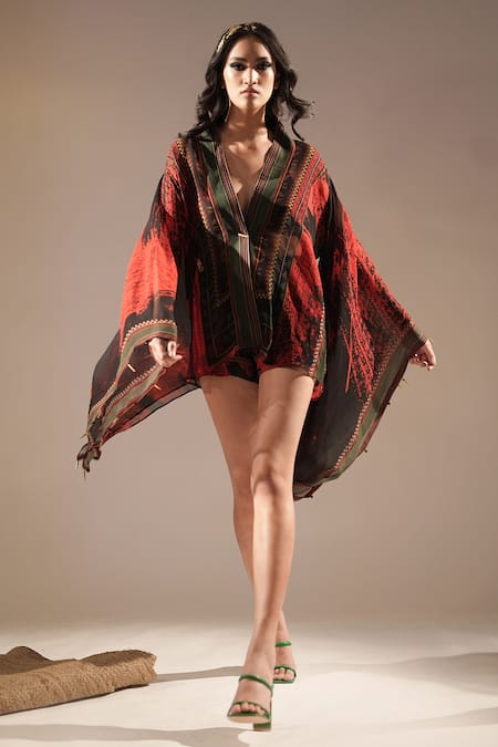 Nikita Mhaisalkar Red Top Pure Chiffon Printed Stroke And Geometric Deep V Neck & Shorts Set 