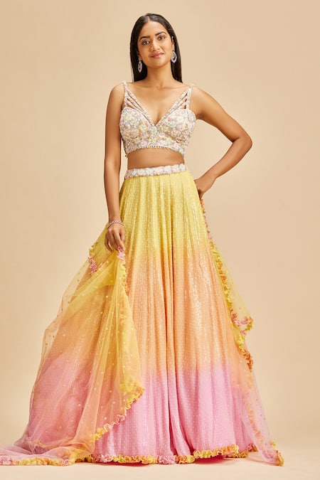 Nitika Gujral Yellow Lehenga And Blouse Georgette Embroidery Sequin Plunge V Neck Ombre Set