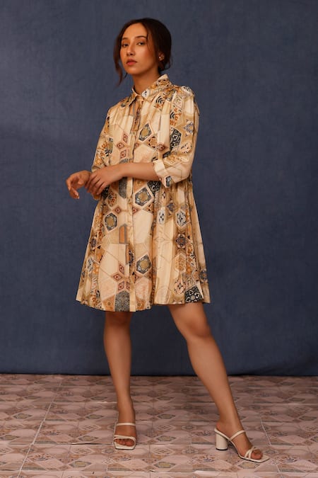 Chokhi Chorri Beige Silk Collared Hadis Handwoven Shirt Dress 