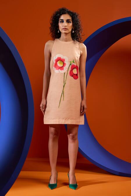 Shop The Dramebaaz CO Beige Organza, Twill Beads Round , Open Floral Print Dress With Jacket Online at Aza Fashions Shop_The Dramebaaz CO_Beige Organza, Twill Beads Round , Open Floral Print Dress With Jacket _Online_at_Aza_Fashions