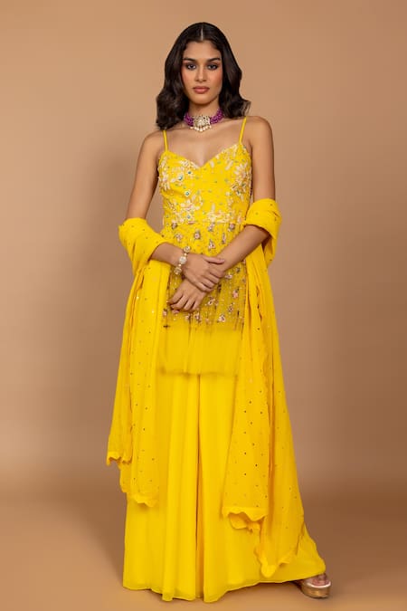 Varun Bahl Yellow Georgette Embroidered Floral V Peplum Jumpsuit With Dupatta  