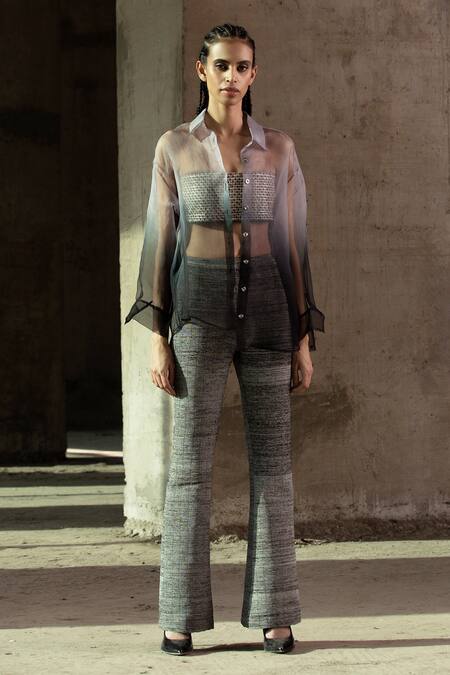 Akhl Grey Silk Organza Shawl Neck Gradient Sheer Shirt
