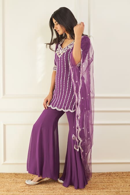 Label Sanya Gulati Purple Georgette Net Hand Embroidered Silver Sequins V Kurta Flared Pant Set 