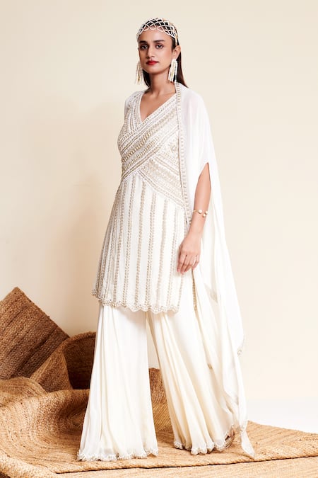 Reeti Arneja Ivory Georgette Sequins, Beads V-neck Indu Panel Embroidered Kurta Sharara Set 