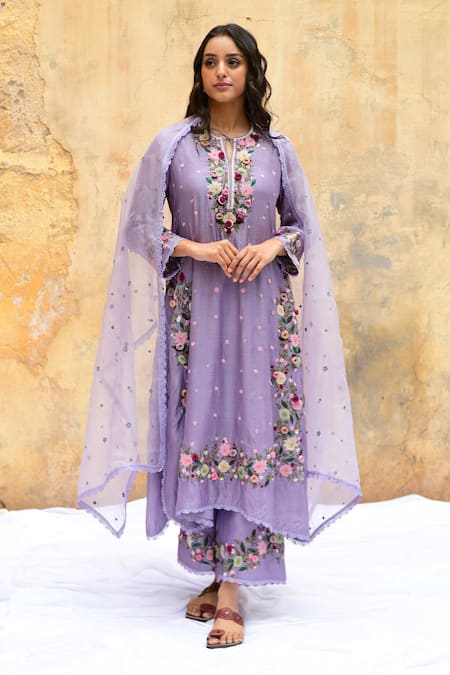 Label Niti Bothra Purple Pure And Handwoven Banarasi Silk Embroidery Flower Vine Notched Kurta Set