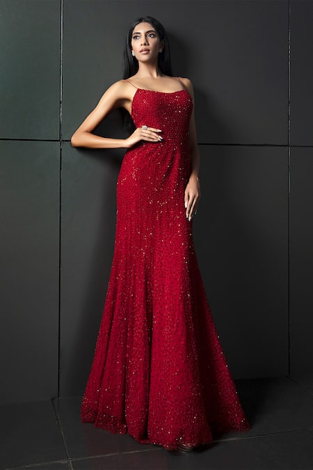 Rohit Gandhi + Rahul Khanna Red Tulle, Linen Crystals Scoop Neck Starry Glitch Embroidered Gown 