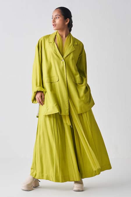 Three Green Tencel Collared Wide Sleeve Jacket And Pant Set 