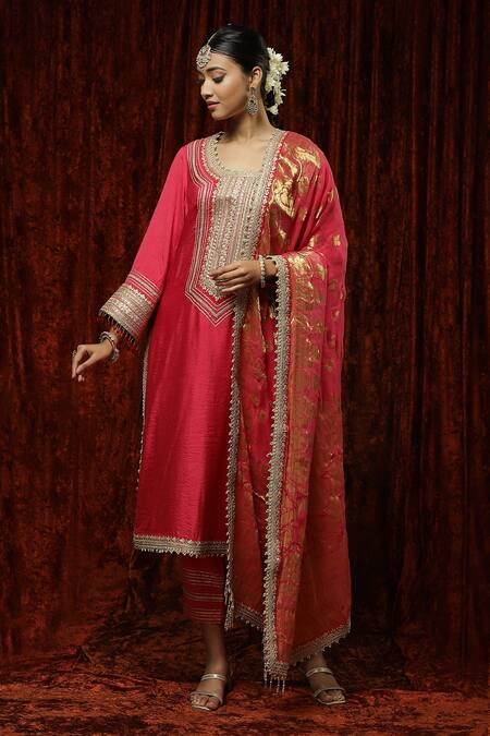 Shikhar Sharma Pink Silk, Georgette, Chanderi Pearls, Embroidery, Gota Patti, Kurta Pant Set