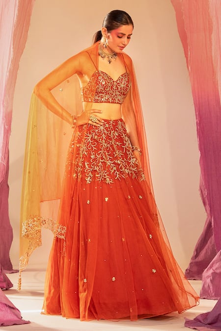 Silky Bindra Orange Net Embroidery Floral Sweetheart Neck Flower Vine Lehenga Set 