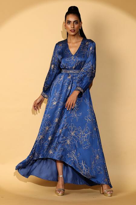 Buy Madder Much Blue 65% Cupro 35% Modal Printed Floral V Neck Vivi Kaftan at Aza Fashions Buy_Madder Much_Blue 65% Cupro 35% Modal Printed Floral V Neck Vivi Kaftan _at_Aza_Fashions