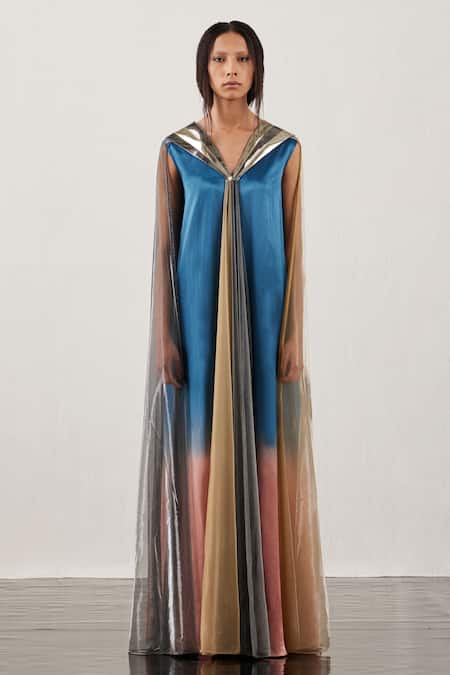 Akhl Multi Color Matte Satin (60% Viscose 40% Fall Panelled Gradient Kaftan Dress 