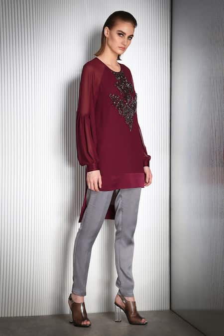 Rohit Gandhi + Rahul Khanna Maroon Polyester Embellishment Bugle Beads Round Embroidered Top