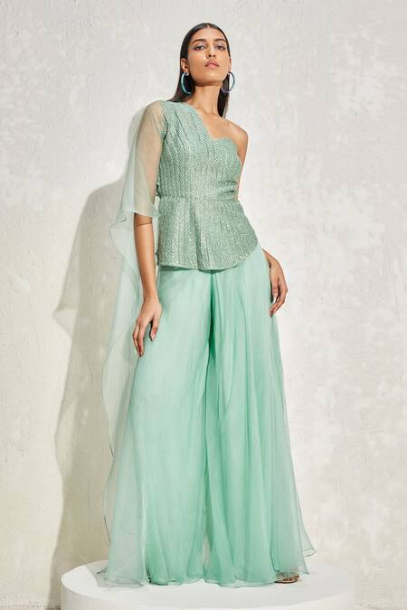 Buy Namrata Joshipura Green Organza Metallic Thread, Embroidery One Embellished Peplum And Palazzo Set at Aza Fashions Buy_Namrata Joshipura_Green Organza Metallic Thread, Embroidery One Embellished Peplum And Palazzo Set_at_Aza_Fashions