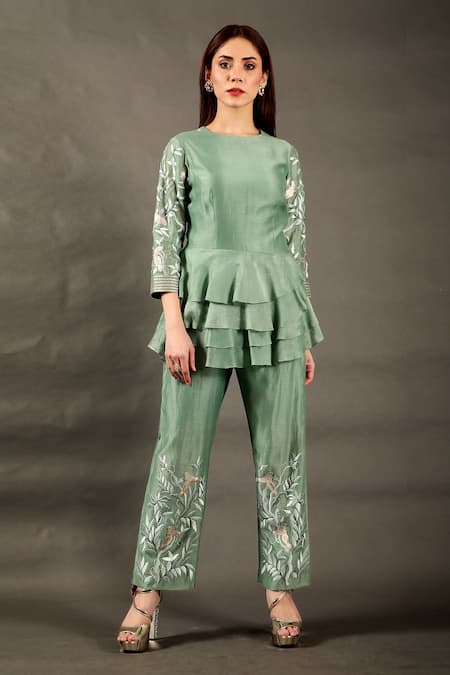 OMANA BY RANJANA BOTHRA Bird Embroidered Layered Peplum & Pant Set 