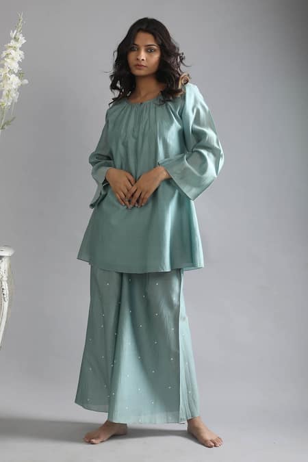 Khat Green Chanderi Silk Round Neck Top And Polka Pattern Pant Set 