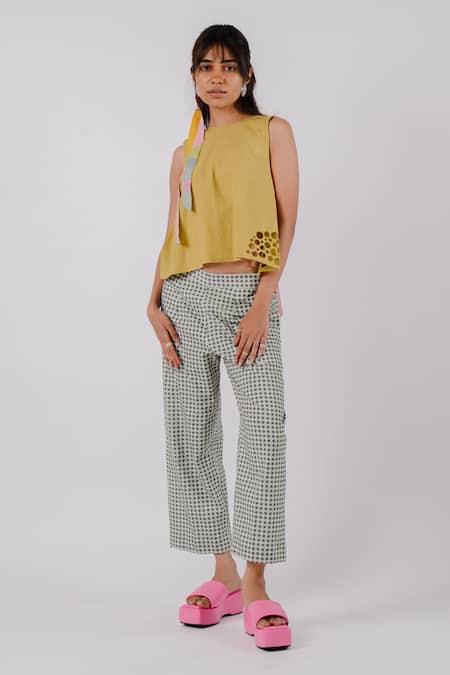 Tussah by Siddhi Shah Black Cotton Cut-work Round Back Bowtie Crop Top With Pant 