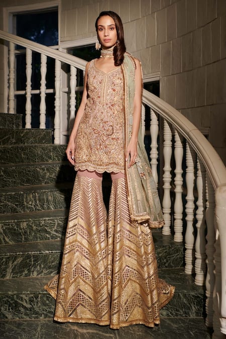 Adaara Couture Orange Silk, Georgette Sequins, Embroidery, Beads V-neck Hand Kurta Sharara Set