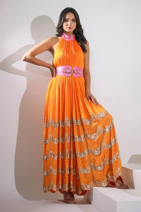Pallavi Jaipur Orange Lining Shantoon, Wrinkle Crepe Gota, Scallop Halter Embroidered Jumpsuit Online at Aza Fashions Pallavi Jaipur_Orange Lining Shantoon, Wrinkle Crepe Gota, Scallop Halter Embroidered Jumpsuit _Online_at_Aza_Fashions