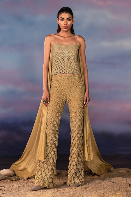 Rohit Gandhi + Rahul Khanna Green Tulle Embroidery Sequins Square Citrine Swing Top With Fornix Trouser 