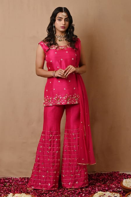 Label Nitisha Pink Raw Silk Hand Embroidered Dabka Round Neck Kurta Gharara Set 