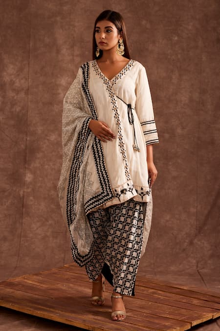 The Home Affair White Chinon Printed Floral Monochrome Anghrakha Kurta Dhoti Pant Set 