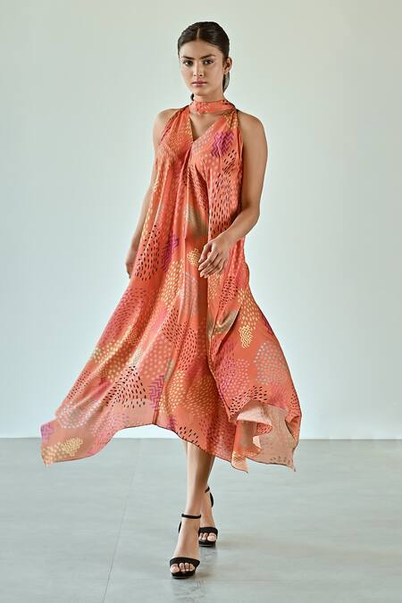 K-Anshika_Orange Satin Bows Round Neck Abstract Geometric Print Dress With Belt _Online_at_Aza_Fashions