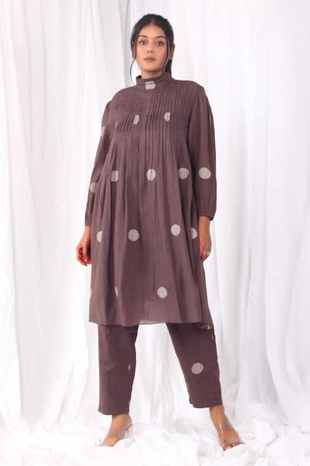 Buy VIVIKTA Indian Women's Cotton High Neck button 3/4 Sleeve stylish Kurti  with Pant_M_Brown at Amazon.in