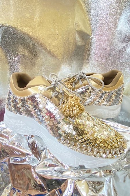 Buy Gold Embellished Dazzling Dudette Crystal Wedding Sneakers by Chal ...
