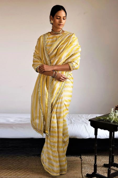 Shorshe Clothing Yellow Handloom Tissue Woven Stripe Pattern Saree 