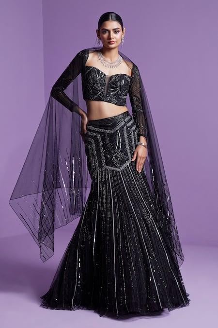 PARUL GANDHI Black Embroidered Jewel Sweetheart Neck Shooting Star Mesh Lehenga Set 