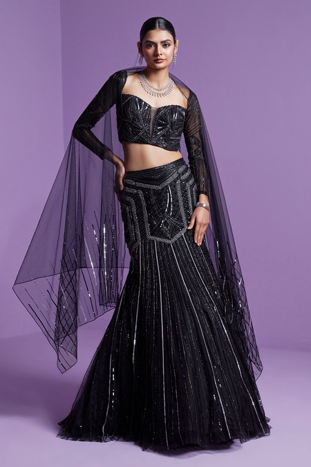 Parul Gandhi Black Silk, Cotton, Net Sequins, Crystals Mesh Embroidered Lehenga Set 