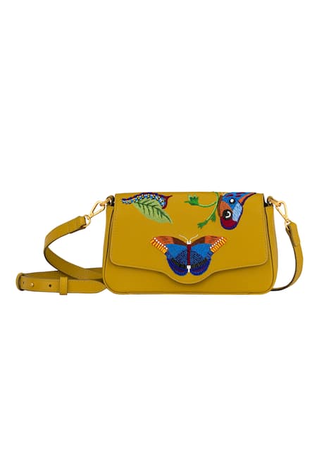 Aranyani Yellow Hand Embroidered Threadwork Butterfly Crossbody Bag