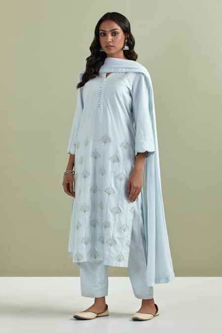Priya Chaudhary Blue Chanderi Silk, Kota Doria Pearls, Cut Work Floral Embroidered Kurta Set 