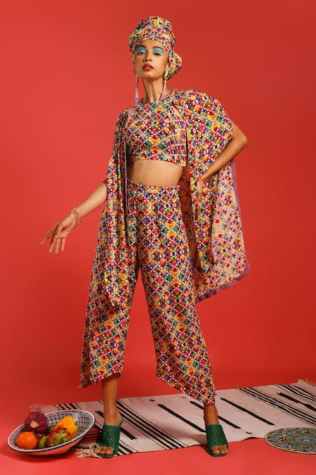 LABEL SHRISTI CHETANI Multi Color Natural Crepe Printed Digital Halter Cape With Pant Set 