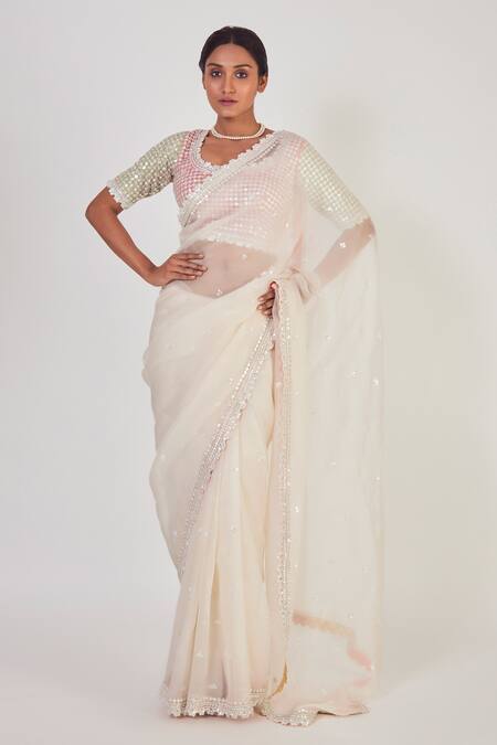 Onaya Off White Organza Embroidered Saree With Blouse