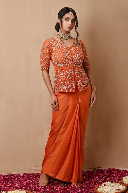 Label Nitisha Orange Satin Embroidered Sequin V Neck Jacket And Draped Skirt Set For Women