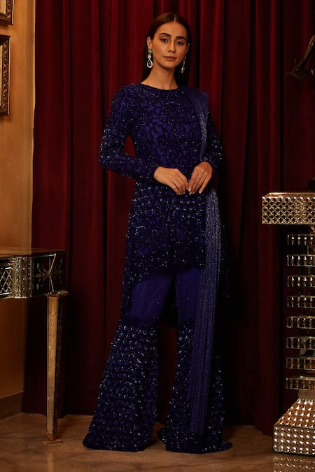 The House of Exotique Blue Net Embroidered Crystal Round Embellished Sharara Set  