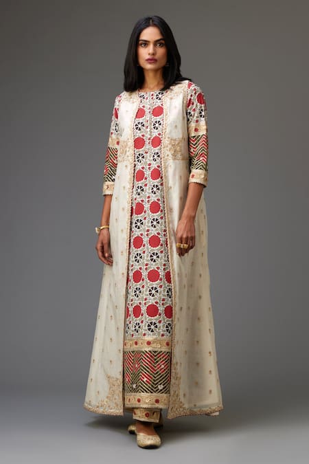 Kora Off White Jacket Cotton Chanderi Embroidery Dori Jacket And Pant Set  