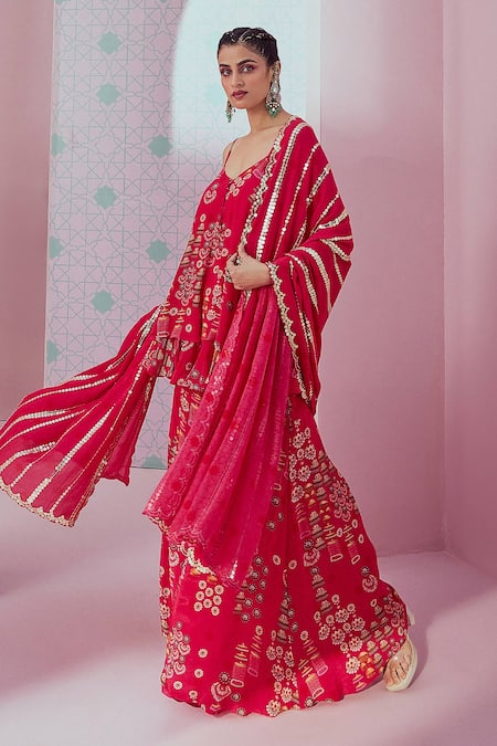 Krisha sunny Ramani Fuchsia Crepe Printed Jhumkas V Neck Kurta Sharara Set 