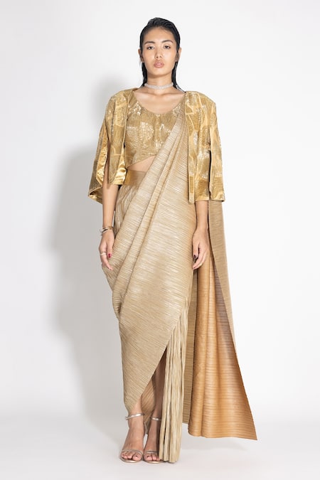 431-88 by Shweta Kapur Silk Pre-Draped Saree & Cutdana Embellished Cape Set 