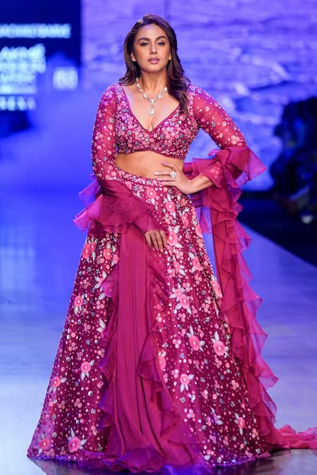 Nachiket Barve Magenta Blouse And Lehenga Organza Embroidery Thread V Moonflower Floral Set 