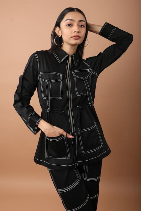 Shop Veera Wear Black Cotton Collared Shirt And Pant Set at Aza Fashions Shop_Veera Wear_Black Cotton Collared Shirt And Pant Set _at_Aza_Fashions