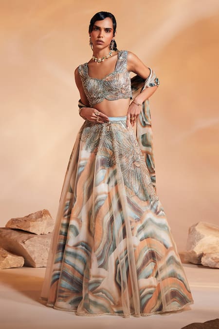 Divya Aggarwal Multi Color Organza Print And Embroidery Abstract Ivy Embellished Lehenga Set 