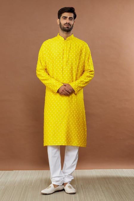 Aham-Vayam Yellow Silk Blend Embroidered Floral Maharaja Kurta Set