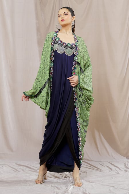 Nupur Kanoi Green Satin Print Floral Mirror Embellished Draped Dress With Jacket
