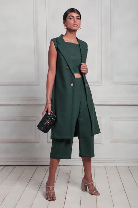 Couche Green Doble Crepe Lana Stich Plain Lapel Collar Duster And Culotte Set  